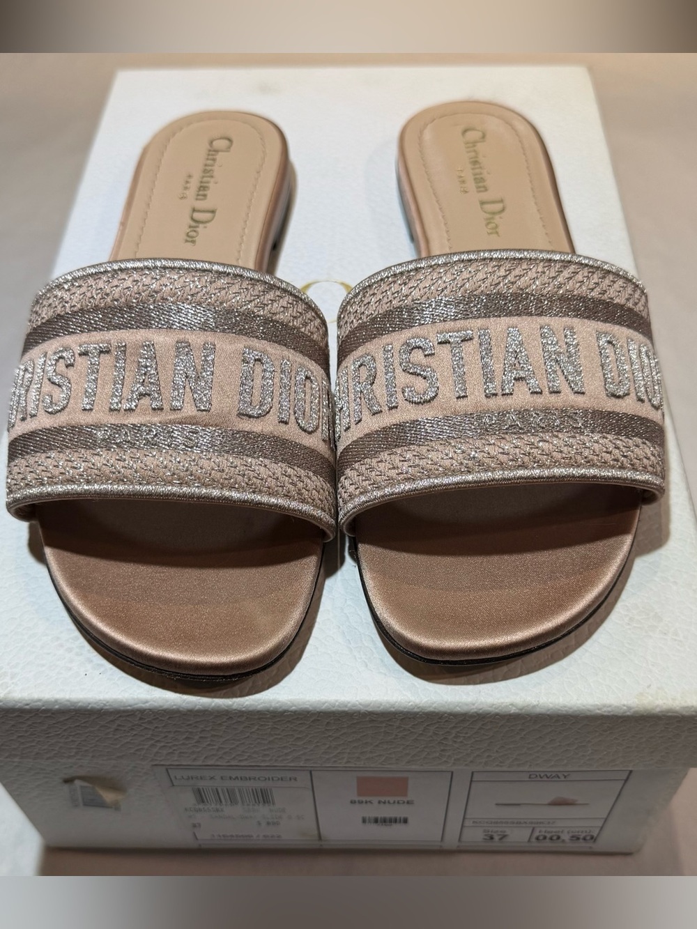 CHRISTIAN DIOR Lurex Embroidered Nude /Pink Sandal Slide Size 37